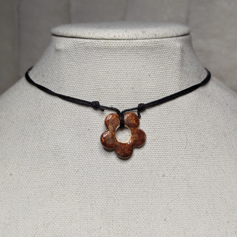 Rusty Red Ceramic Flower Pendant Necklace Handmade Hippie Whimsical Y2K Style